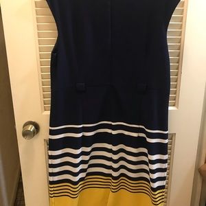 Blue dress with white and yellow stripes